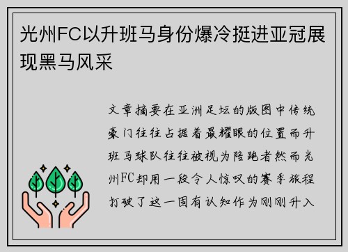 光州FC以升班马身份爆冷挺进亚冠展现黑马风采